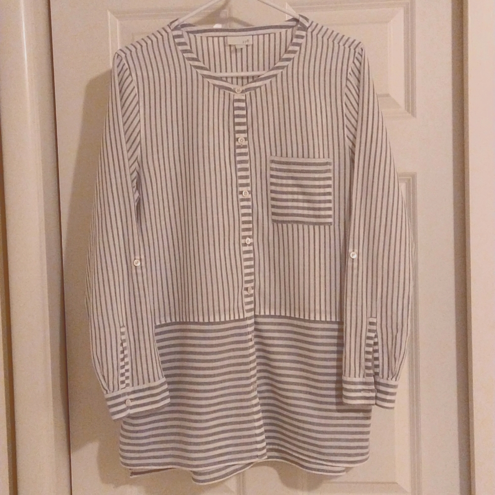 J. Jill Striped Button Down Tunic with Mandrin Collar & 3/4 Tab Sleeves, Size L